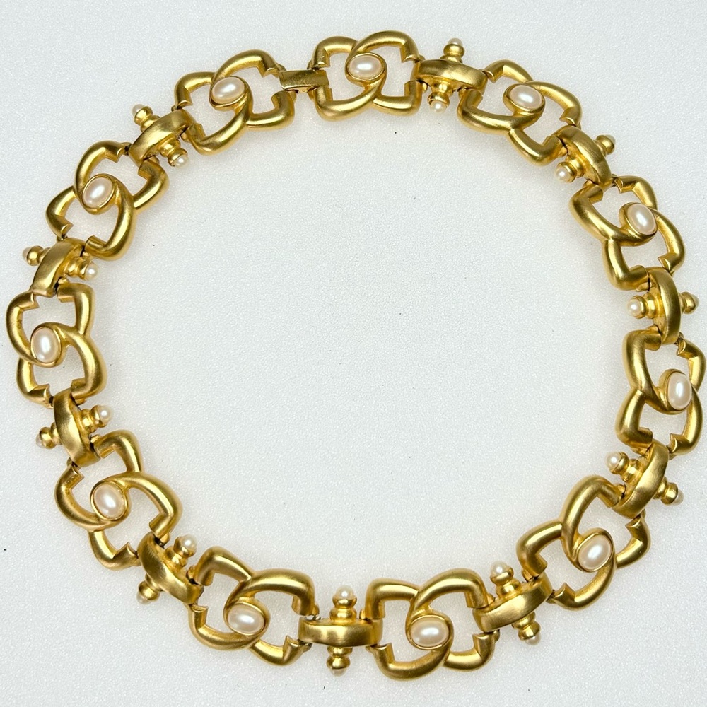 Vintage Chunky D Link Necklace with Faux Pearls, Matte Gold Plated Brass 17 Inch
